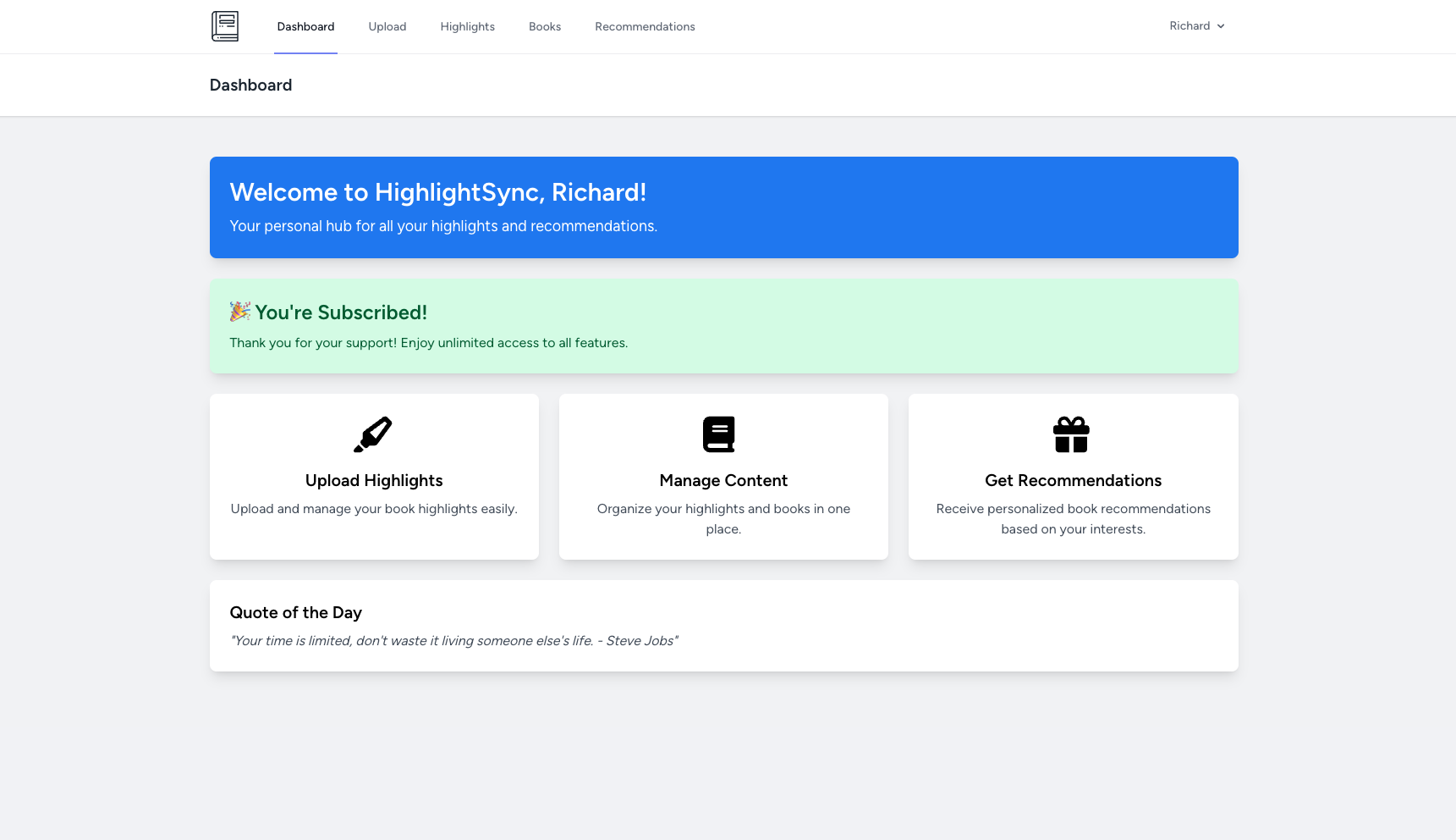 HighlightSync dashboard